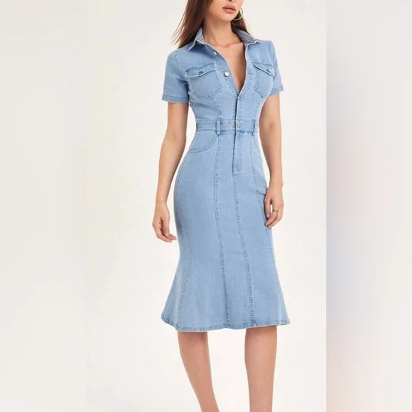 chinese dress ladies Women's Mila Mermaid Denim Maxi Dress XXS/XS/S/M/L/XL/XXL/Customize Blue  Ribbon MEAN BLVD